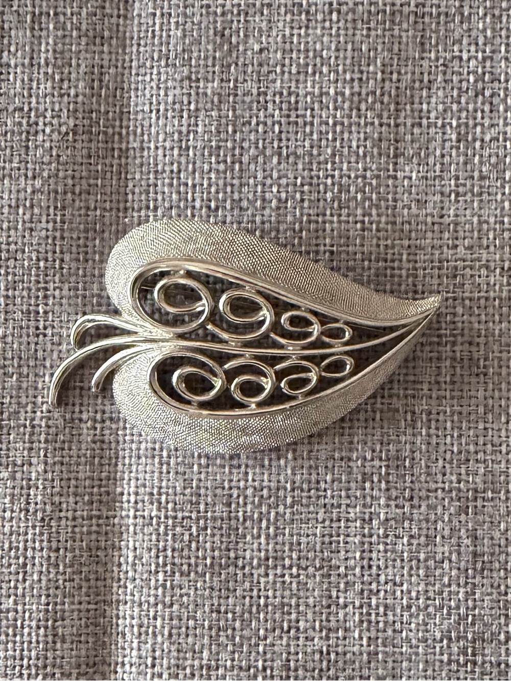 Vintage Monet Silver Tone Leaf Swirl Brooch Textured | Mid Century Pin